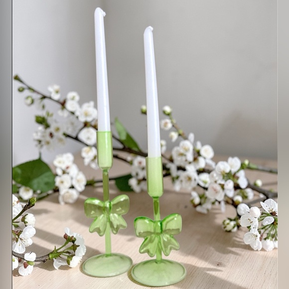 Other - Glass Spring Green Bow Candle Holders Set of 2